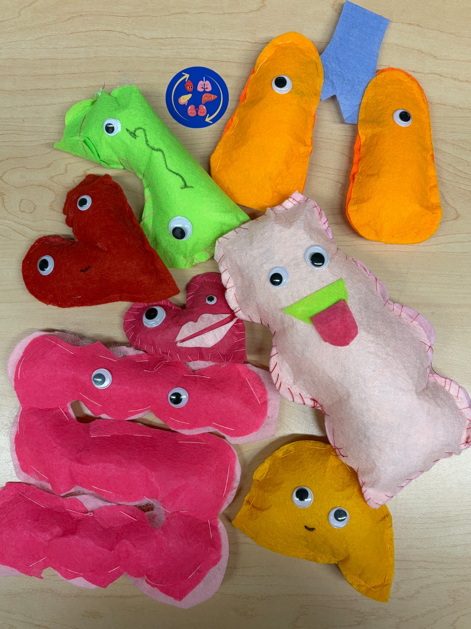 Colorful handmade felt organ plushies created by OTHA members